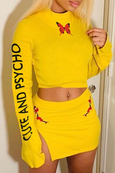 CUTE AND PSYCHO Letter Butterfly Printed Long Sleeve High Neck Yellow Slim Cropped Tee