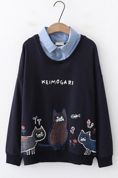 Cute Cartoon Night Owl Printed Patched Lapel Collar Cotton Loose Sweatshirt