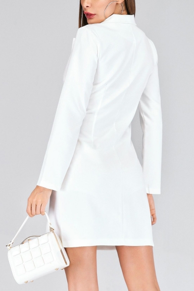 Elegant Ladies Lapel Collar Double-Breasted Slim Bodycon Long Sleeves Longline Blazer Dress