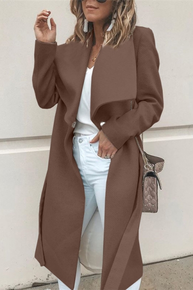 Elegant Women's Fold-Over Collar Long Sleeve Plain Longline Wool Trench Coat