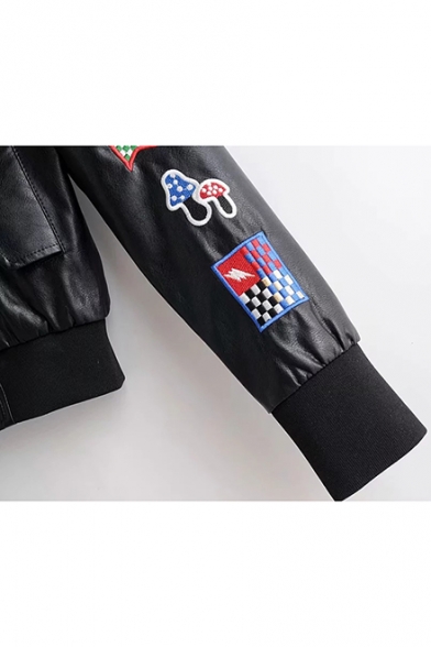 Embroidery Cartoons Pattern Embellished Stand Up Collar Flap Pockets with Press-Stud Fastening Zipper Cropped Baseball Jacket