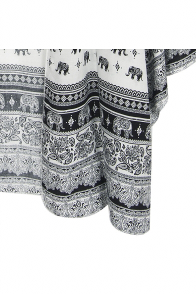 Ethnic Style Allover Elephant Pattern Beach Cotton White Kimono Blouse for Women