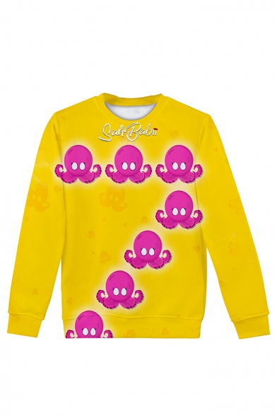 Funny Octopus Printed Yellow Long Sleeve Round Neck Casual Sports Pullover Sweatshirts