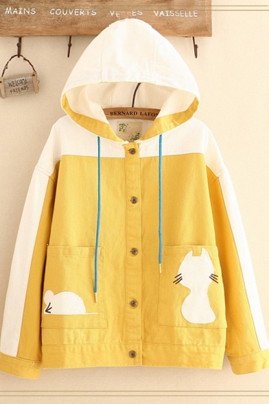 Girls Preppy Hooded Cartoon Cat Big Pockets Loose Colorblocked Single-Breasted Coat Jacket