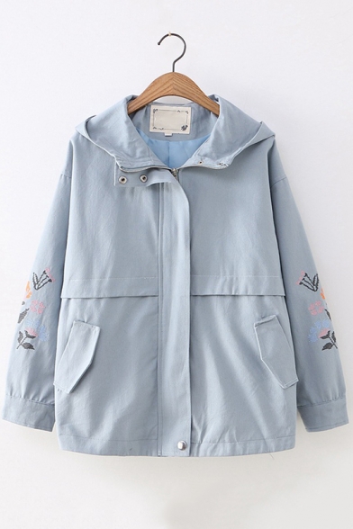 Girls Preppy Style Chic Floral Embroidery Long Sleeve Hooded Zip Up Jacket
