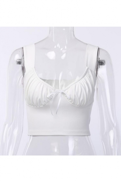 Girls Summer Fashion Simple Plain Sleeves Sexy Bow Detail Crop Tank