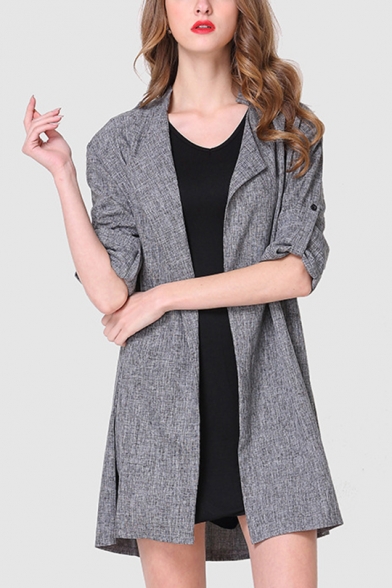 Gray Lapel Collar Open Front Plain Longline Casual Trench Coat