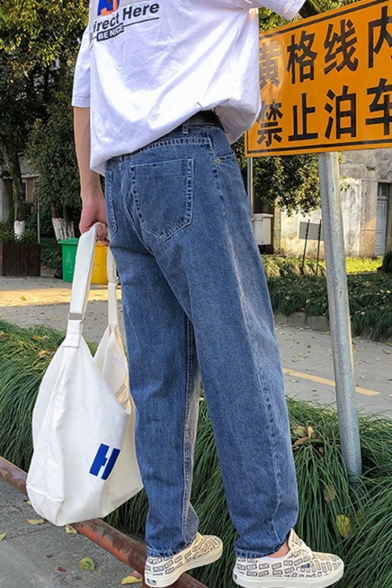 Guys Trendy Letter Printed  Blue Wide Leg Jeans Denim Pants
