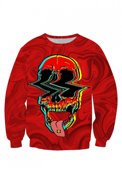 Halloween Fashion Skull Tongue 3D Printed Red Long Sleeve Round Neck Pullover Sweatshirt