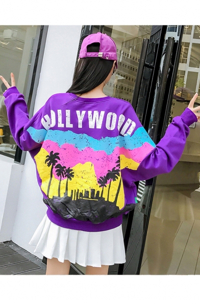 HOLLYWOOD Letter Coconut Tree Printed Round Neck Long Sleeve Loose Pullover Sweatshirt