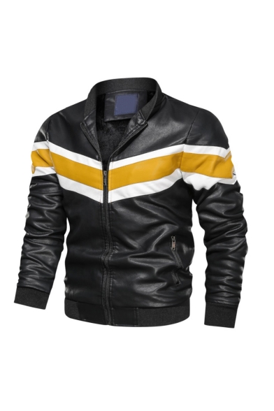 Hot Fashion Colorblock Patch Long Sleeve Stand-Collar Zip Up Casual Moto Jacket For Men