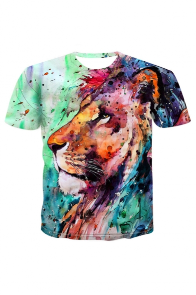 Hot Fashion Colorful Lion Pattern Round Neck Short Sleeve Sports T-Shirt For Men