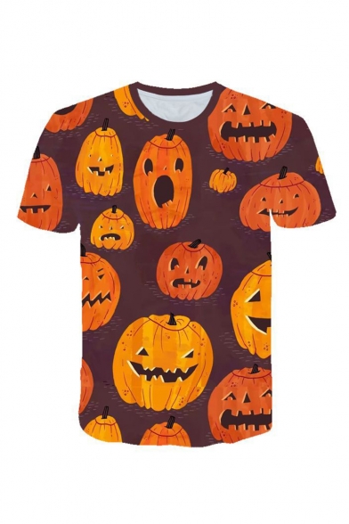 Hot Fashion Halloween Pumpkin Pattern Round Neck Short Sleeve Orange T-Shirt