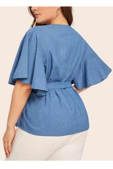 Hot Fashion Simple Plain Round Neck Half-Sleeved Bow Tied-Waist Loose Blue Shirt