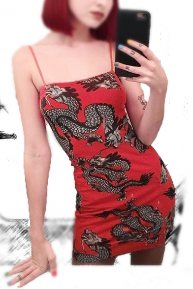 Hot Fashion Square Neck Sleeveless Dragon Pattern Bodycon Mini Cami Dress
