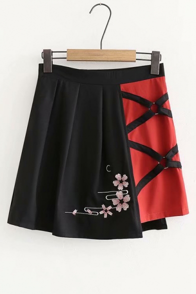 Hot Popular Elastic Waist Crisscross Straps Floral Embroidered Colorblock Patch Mini Pleated A-Line Skirt