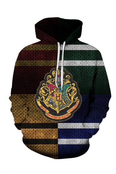 Hot Popular Harry Potter Color Block Stripe Badge Pattern Drawstring Hooded Long Sleeve Multicolor Hoodie