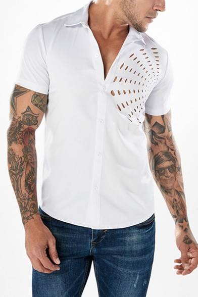 Mens Plain Short Sleeve Stand Collar Cutout Button Down Shirt