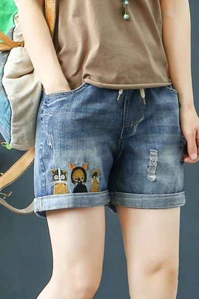 Hot Trendy Burnout Drawstring Waist Distressed Rolled Cuff Cat Embroidered Cotton Denim Shorts