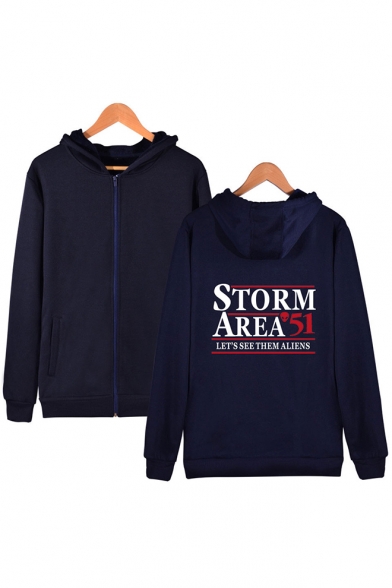 Hot Trendy Letter Storm Area Printed Long Sleeve Zip Up Fitted Hoodie