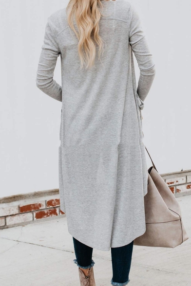 Ladies Casual Plain V Neck Long Sleeve Fitted Longline Midi Cardigan with Pockets