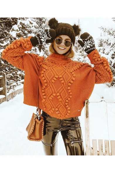 Ladies Winter Plain Nep Knitted Print Roll Neck Long Sleeve Sweater