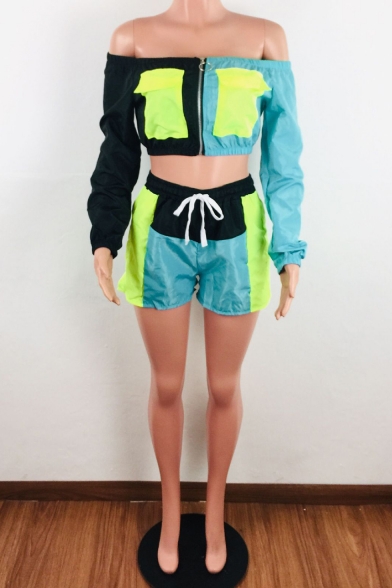 Long Sleeve Off Shoulder Cropped Tee with Drawstring Waist Shorts Colorblock Patch Sport Two-Piece Set for Girls