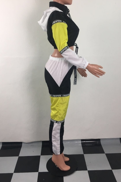 Long Sleeve Zip Front Hooded Coat with Elastic Waist Pants Colorblock Patch Sport Two Piece Set