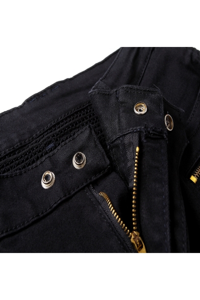 Men's Cool Fashion Basic Plain Multi-zipper Embellished Slim Fit Pleated Biker Jeans with Side Pockets