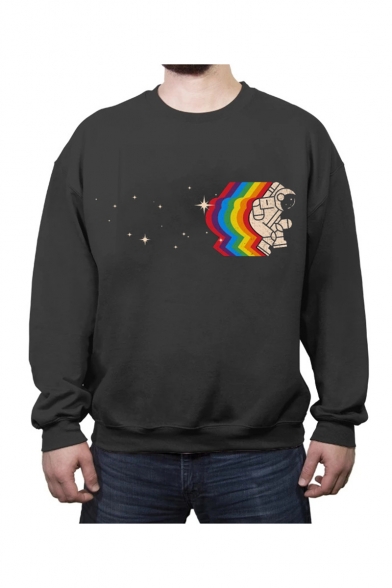 Men's New Fashion Cartoon Astronaut Rainbow Printed Round Neck Casual Sweatshirt