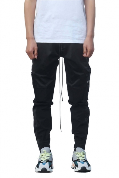 Men's New Fashion Solid Color Zipped Pocket Drawstring Waist Trendy Sports Cargo Pants