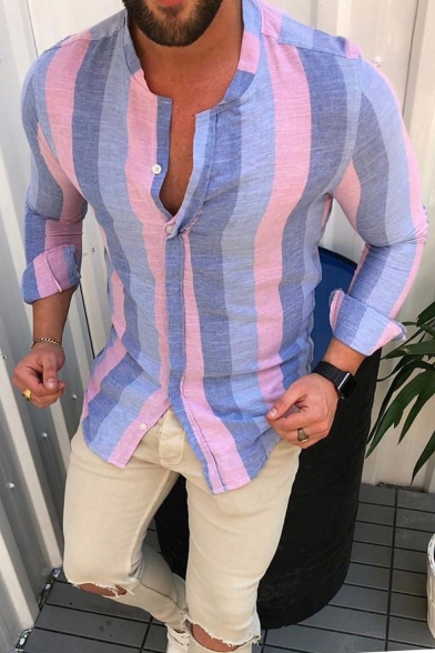 Men's New Stylish Classic Striped Printed Long Sleeve Button-Up Casual Shirt
