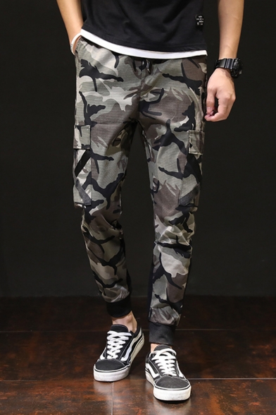 Mens Cool Camouflage Letter Diagonal Stripes Printed Army Green Casual Sports Cargo Pants