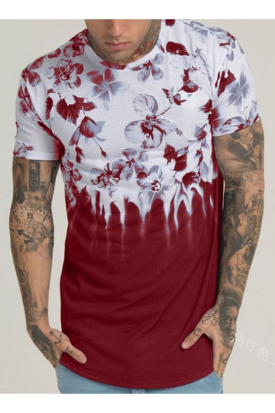Mens Hot Popular Round Neck Short Sleeve Floral Printed Colorblock Leisure Tee
