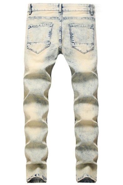 Mens New Fashion Striped Embroidered Design Light Washed Frayed Ripped Jeans