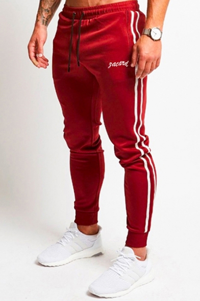 Mens New Stylish Letter Embroidered Contrast Stripe Side Drawstring Waist Slim Fit Trendy Sports Cotton Pencil Pants