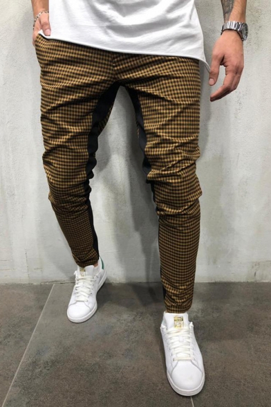 Mens Popular Fashion Colorblock Plaid Pattern Slim Fitted Casual Sports Pencil Pants