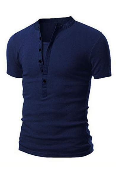 Mens Simple Plain Short Sleeve Button V-Neck Fitted Henley Shirt
