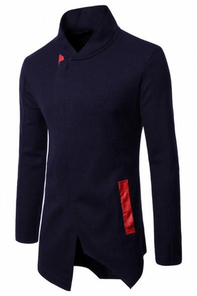 Mens Simple Plain Unique Oblique Zip Up Stand Collar Long Sleeve Longline Fitted Sweatshirt Coat