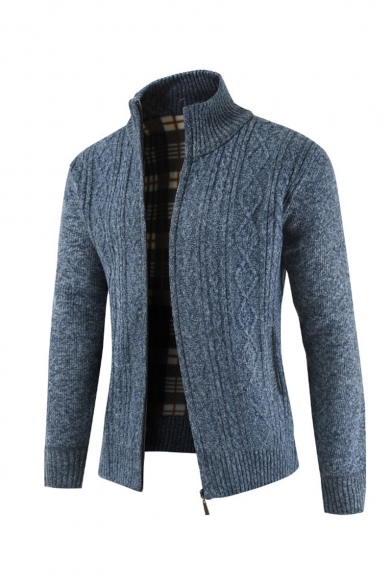 Mens Winter Hot Popular Stand Collar Plain Warm Cable Knitted Slim Fit Zip Up Cardigan Knitwear