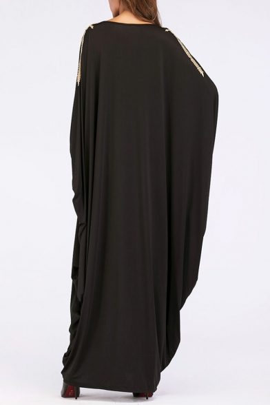 Moslem Round Neck Batwing Sleeve Gold Beading Shift Black Maxi Dress