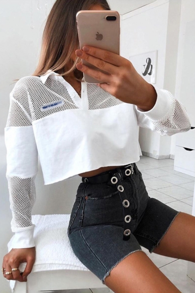 New Arrival Long Sleeve Stand Collar Button Front White Mesh Patch Crop Sweatshirt
