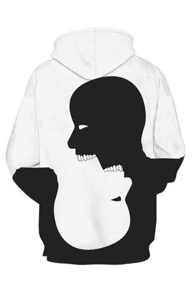 New Arrival Trendy Skull Silhouette 3D Printed Black and White Long Sleeve Loose Hoodie