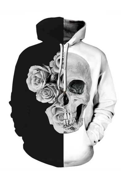 New Fashion Black and White Colorblocked Cool Floral Skull 3D Printed Casual Loose Drawstring Hoodie