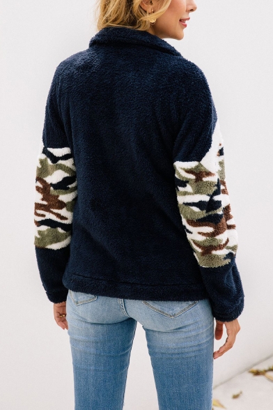 New Fashion Camouflage Print Half-Zip Stand Collar Long Sleeves Color Block Fluffy Teddy Sweatshirt
