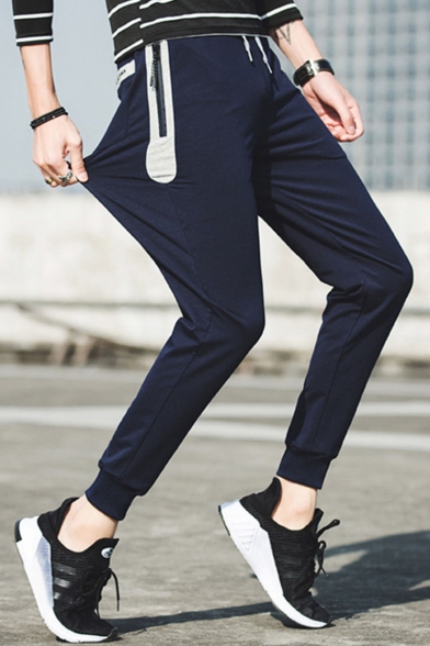 New Fashion Simple Plain Zipped Pocket Drawstring Waist Men's Casual Sports Sweatpants
