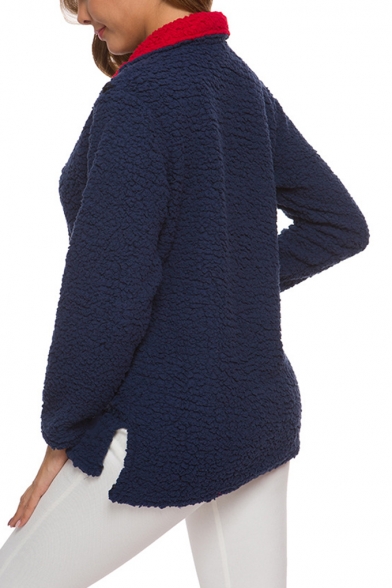 New Fashion Zippered Lapel Collar Split Hem Long Sleeves Color Block Fluffy Sweatshirt