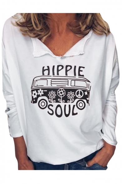 New Leisure HIPPIE SOUL Letter Printed V-Neck Long Sleeve Sweatshirt