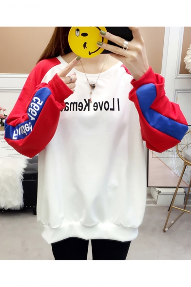 New Leisure Letter Printed Round Neck Long Sleeve Color Block Loose Sweatshirt