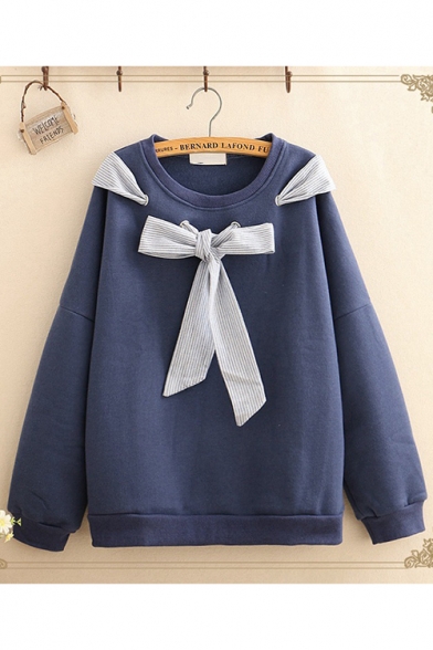 New Striped Bow-Tied Round Neck Long Sleeve Loose Pullover Sweatshirt